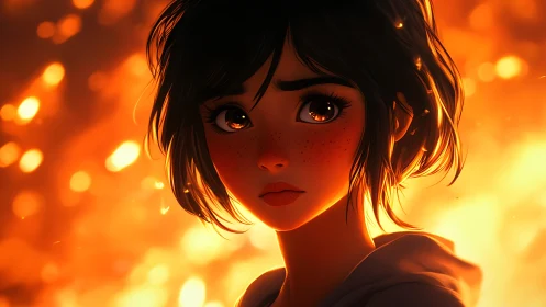 Cinematic anime portrait of freckled girl in dramatic firelight