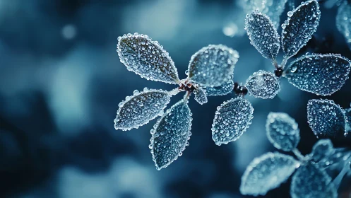 Frost-kissed leaves shimmer under morning dew in blue light.