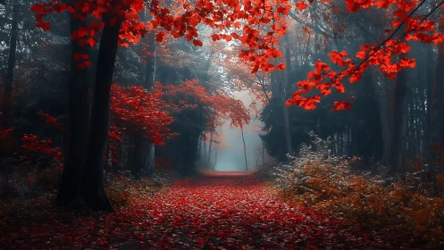 Autumn Forest Path with Red Foliage and Morning Mist.