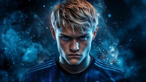 Intense young athlete in blue smoke-lit digital portrait.