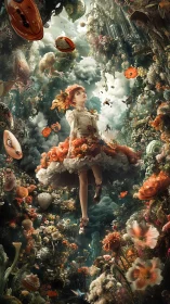 Surreal red-haired girl floating through lush floral dreamscape.
