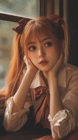 Young woman in uniform by window in warm soft light.