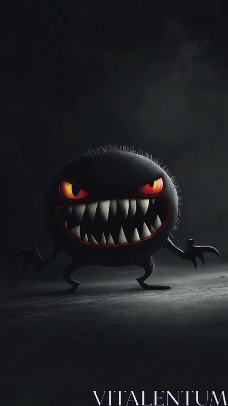 Menacing fuzzy monster grins in dramatic studio spotlight.