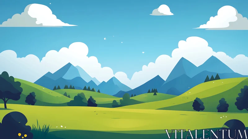 Stylized green hills and distant blue mountains under clouds.