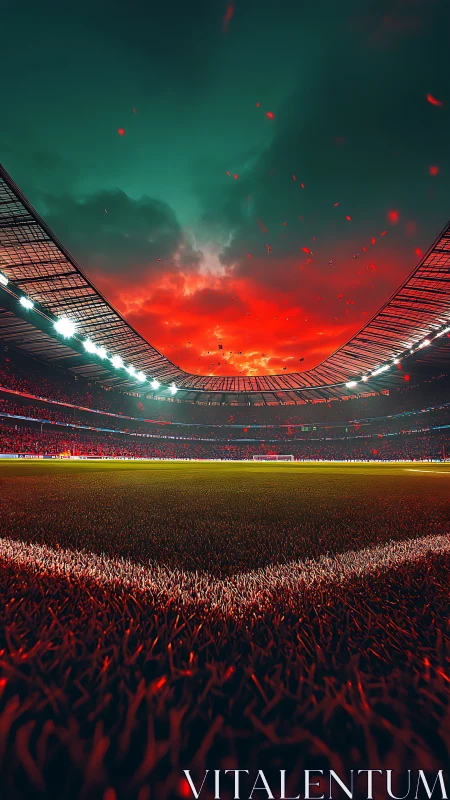 Stadium inferno horizon under neon stormlit twilight sky.