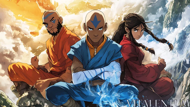 Elemental trio poised amid swirling clouds and mountains.