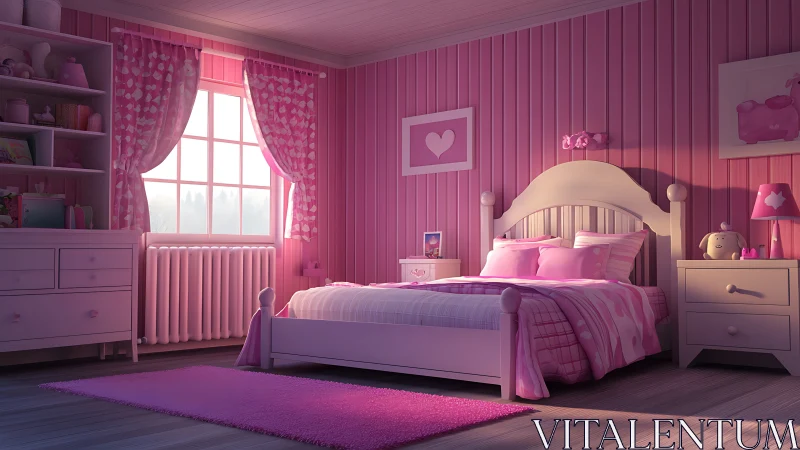 Soft pink girls bedroom glows in gentle afternoon sunlight