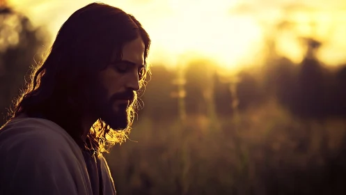 Bearded man prays in golden sunset-lit field profile view