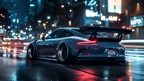Widebody Porsche races through neon city streets at night.