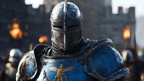Armored medieval knight stands in blue plate armor