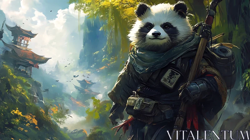 Panda warrior explorer in lush fantasy mountain landscape.