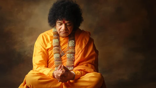 Meditating spiritual guru in saffron robes, soft studio light.
