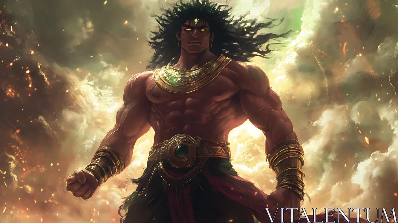 Mythic warrior stands amid blazing stormlit clouds