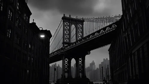 Suspension bridge spans urban street under heavy overcast sky