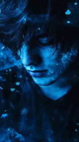 Moody blue portrait of young person in abstract light.