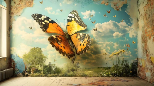 Oversized monarch butterfly breaches mural in weathered interior wall