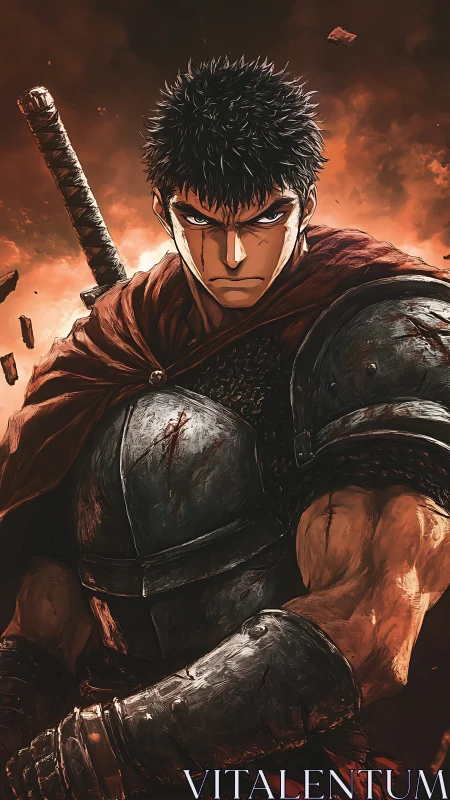 Steel-clad warrior glares through embers that stain the sky