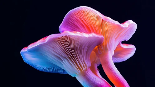 Bioluminescent style mushrooms under vivid studio light.