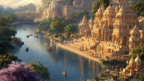 Golden riverside temples glow beside crowded ceremonial ghats