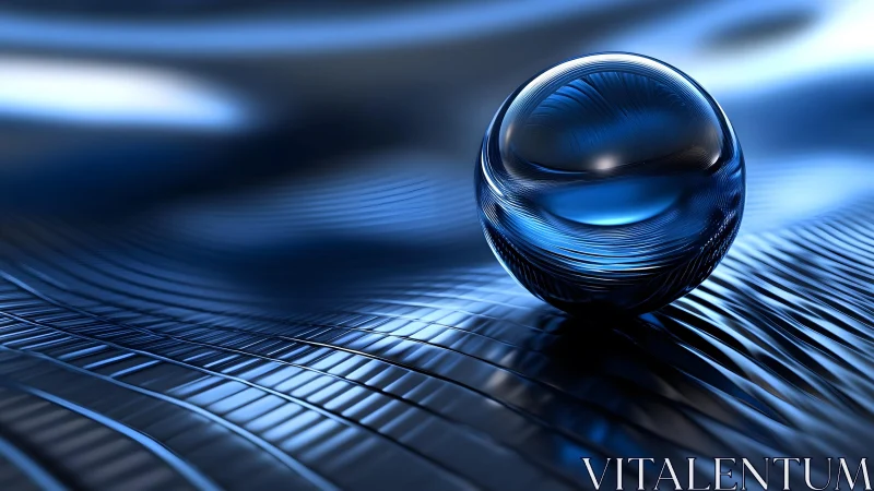 Shiny Glass Sphere on Abstract Blue Metallic Waves, Digital Art.