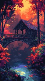 Covered stone bridge over river in dense autumn forest.