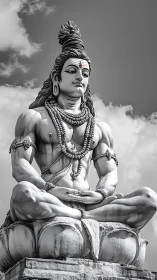 Serene stone yogi seated in the clouds’ quiet embrace.