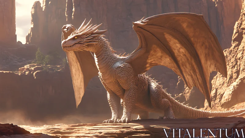Winged dragon resting in sunlit rocky desert canyon.