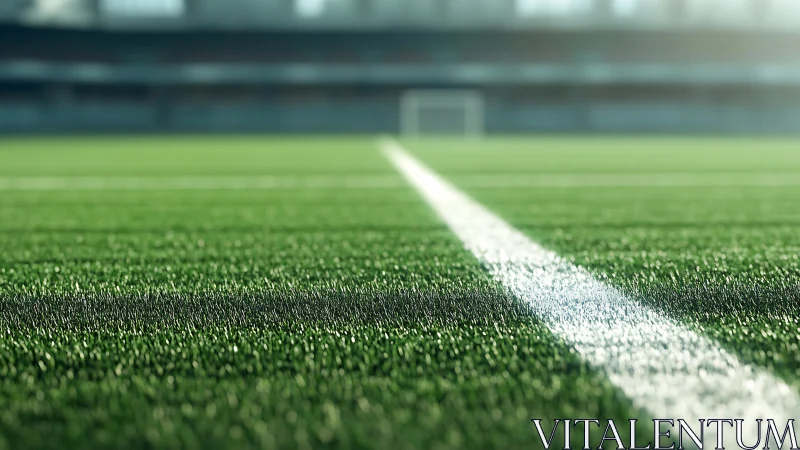 Soccer pitch touchline glows under low stadium light.