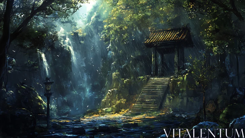 Ancient temple structure in forested canyon with atmospheric light.