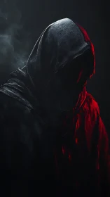 Hooded shadow in crimson light invites quiet curiosity.
