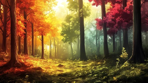 Forest landscape with seasonal foliage transitions and atmospheric light.