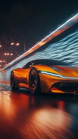 Orange concept supercar races through wet neon tunnel