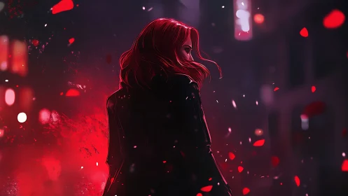 Red haired woman walks through neon drenched night city.
