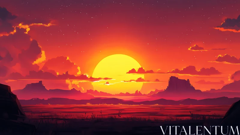 Radiant desert sunset behind mesa silhouettes in warm gradients.