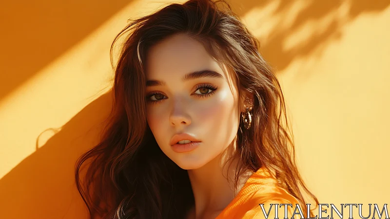 Sunlit portrait highlights soft glam against ochre wall.