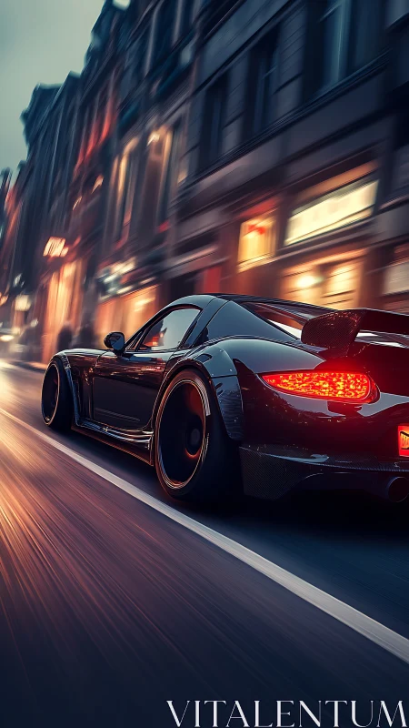 Black sports coupe on illuminated urban street at dusk.