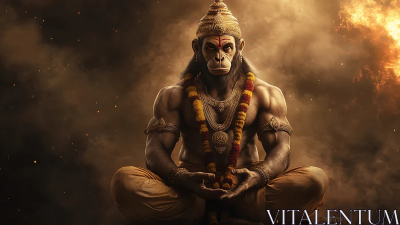 Divine simian warrior in fiery meditative stillness.
