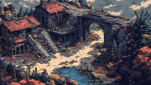 Ancient stone village bridge spans a quiet autumn ravine.