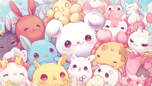 Pastel plush bunnies cuddle together in a dreamy crowd.