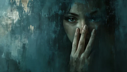 Woman covers half her face with hand in dark teal haze