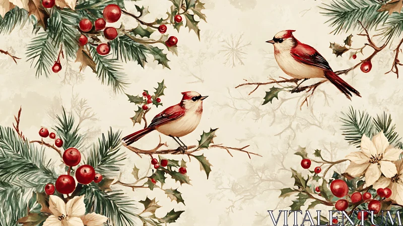 Winter cardinals on holly branches in vintage watercolor.