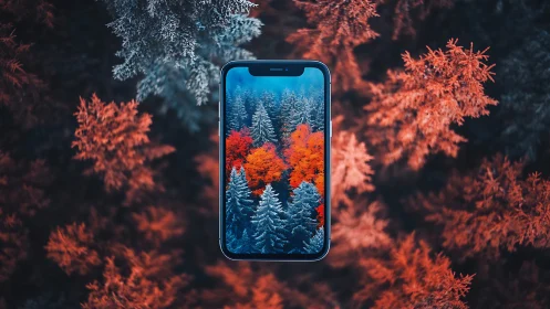 Smartphone frames vivid cyan and ember forest canopy