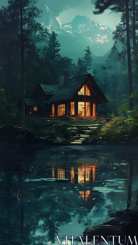 Warm cabin windows glow beside a tranquil forest lake