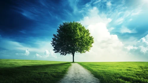 Solitary Tree on Vibrant Green Field with Dramatic Sky, Digital Art.