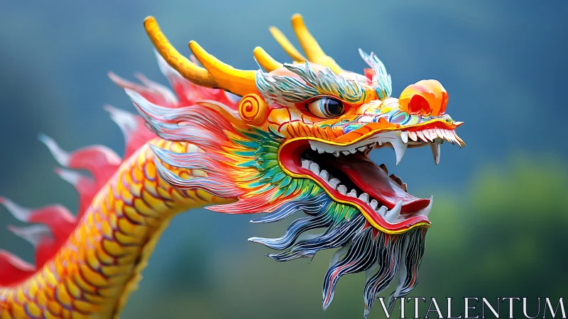 Colorful dragon sculpture head with detailed carved features.