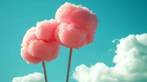 Pink Cotton Flowers Against Turquoise Sky with White Clouds.