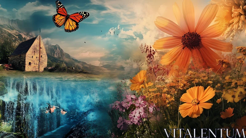 Surreal cottage garden floats between waterfalls and sky