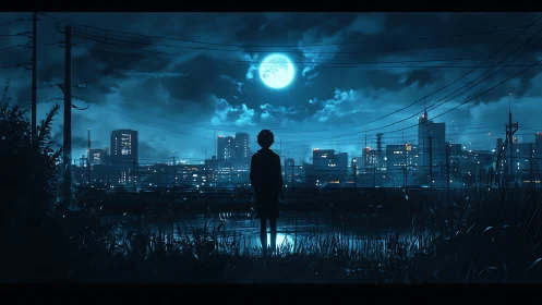 Silhouetted figure observes moonlit cybernetic city skyline