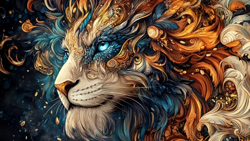 Baroque fractal lion portrait with luminous cyan eyes