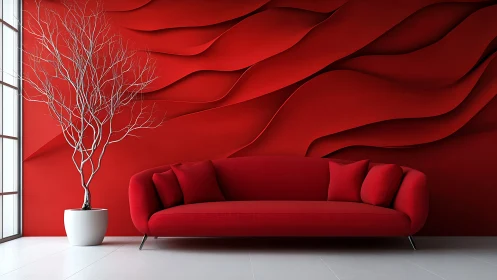 Modern red sofa anchors sculptural wave wall interior design.